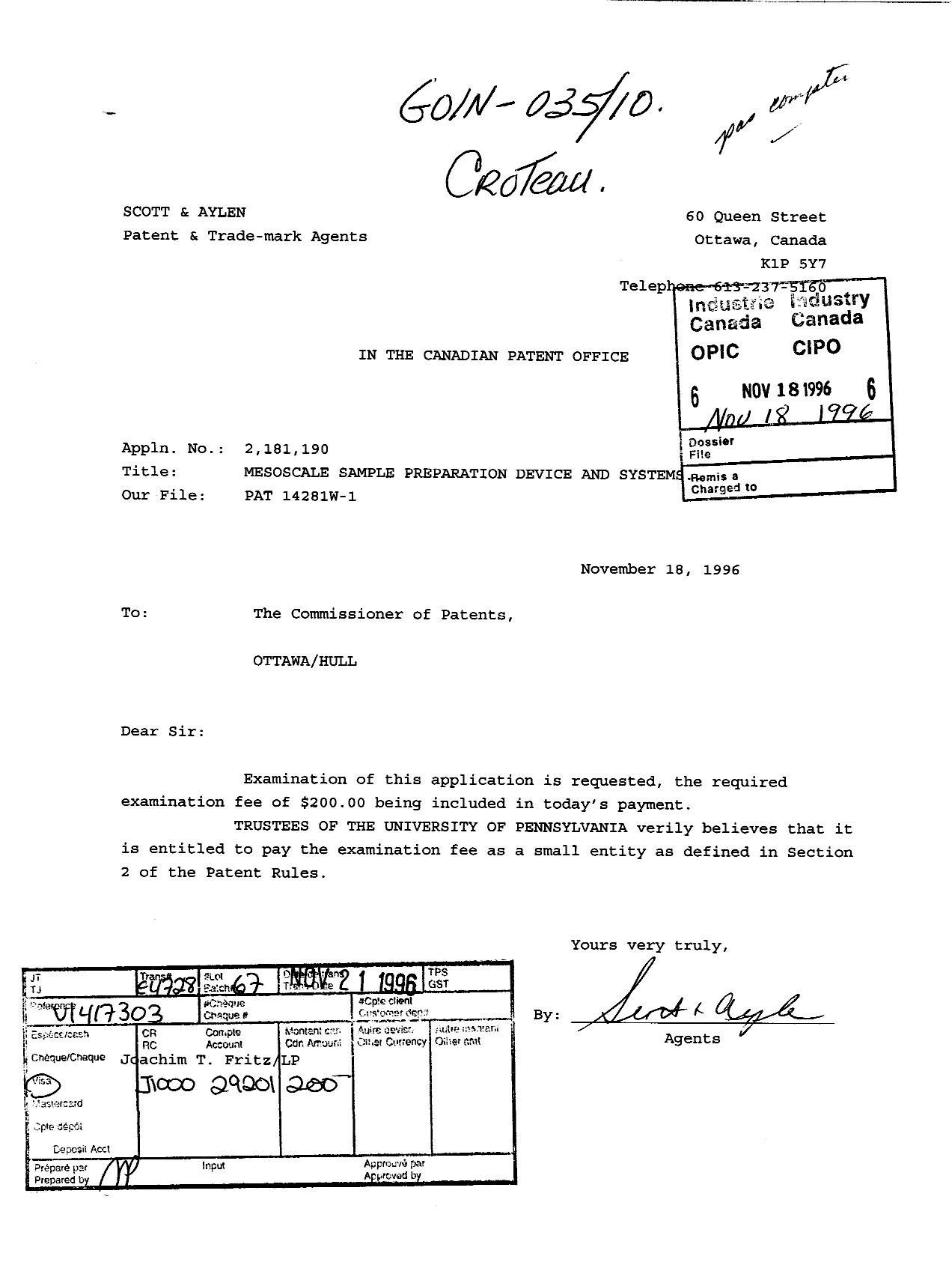Canadian Patent Document 2181190. Prosecution-Amendment 19961118. Image 1 of 2