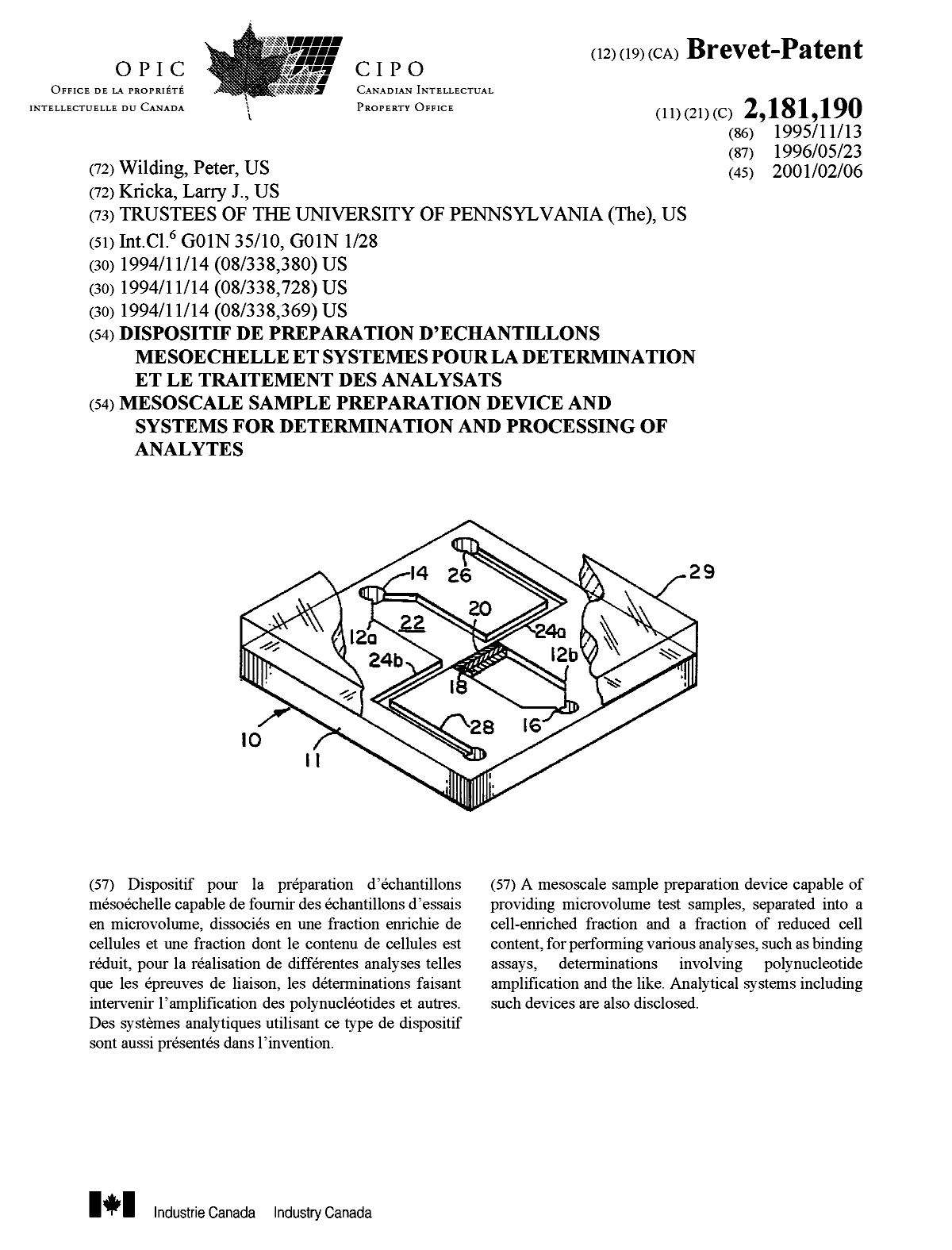 Canadian Patent Document 2181190. Cover Page 20010108. Image 1 of 1