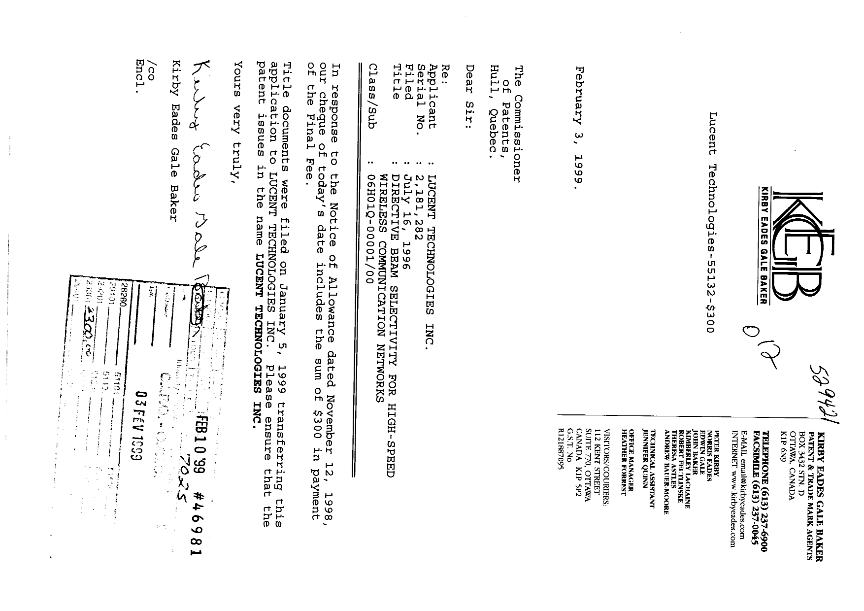 Document de brevet canadien 2181282. Correspondance 19981203. Image 1 de 1