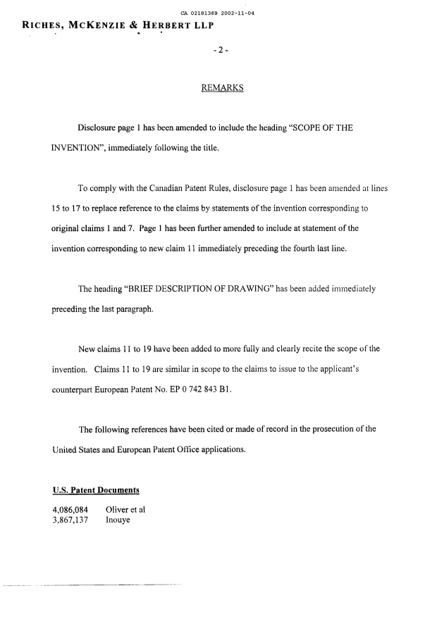 Canadian Patent Document 2181369. Prosecution-Amendment 20021104. Image 2 of 8