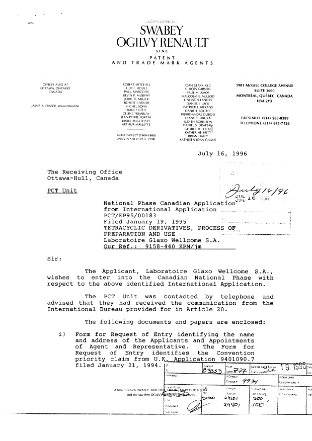 Document de brevet canadien 2181377. Cession 19960716. Image 1 de 10