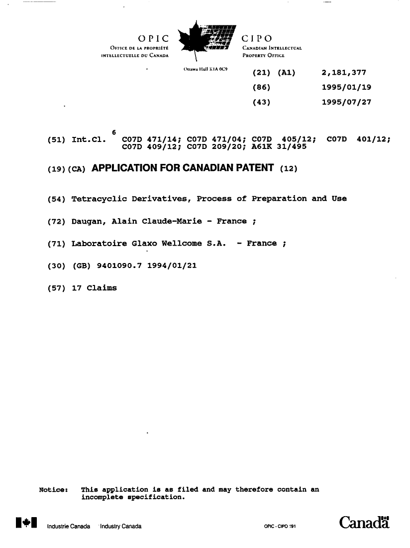 Canadian Patent Document 2181377. Cover Page 19961028. Image 1 of 1