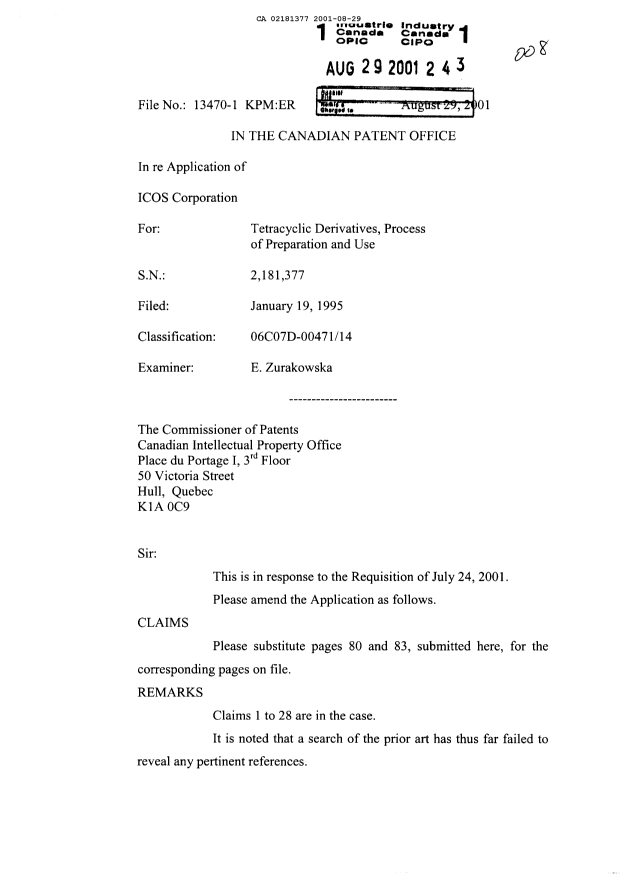 Document de brevet canadien 2181377. Poursuite-Amendment 20010829. Image 1 de 4
