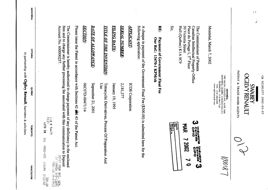 Canadian Patent Document 2181377. Correspondence 20020307. Image 1 of 2