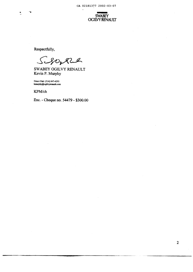 Document de brevet canadien 2181377. Correspondance 20020307. Image 2 de 2