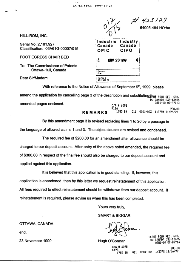 Canadian Patent Document 2181927. Prosecution-Amendment 19991123. Image 1 of 3