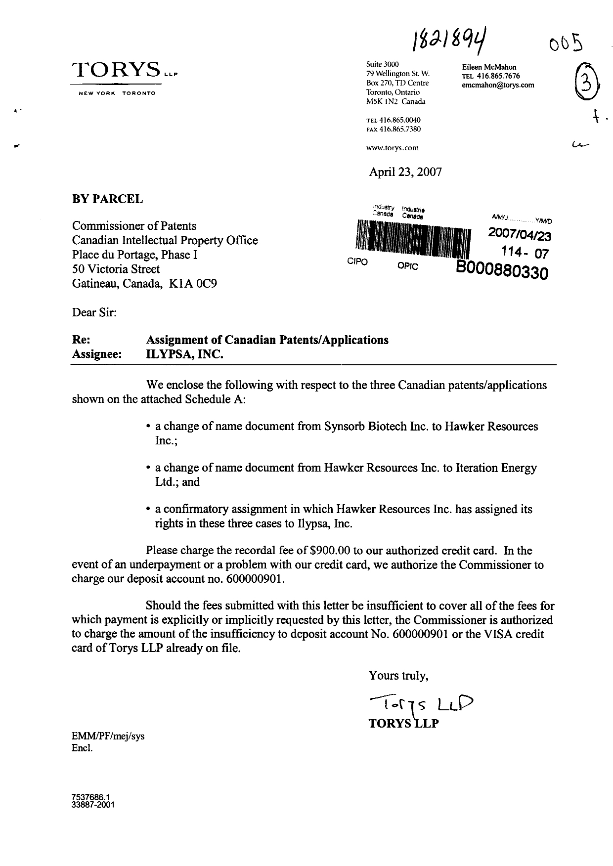 Document de brevet canadien 2181927. Cession 20070423. Image 1 de 15