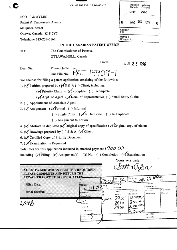 Document de brevet canadien 2181931. Cession 19960723. Image 1 de 5