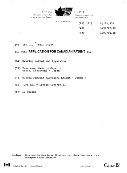 Document de brevet canadien 2181931. Page couverture 19961031. Image 1 de 1