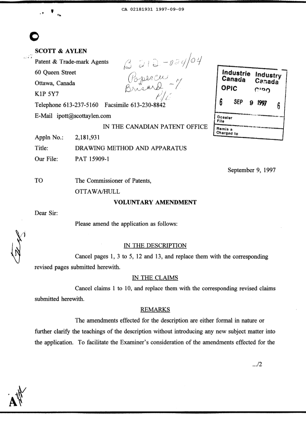 Canadian Patent Document 2181931. Prosecution-Amendment 19970909. Image 1 of 2