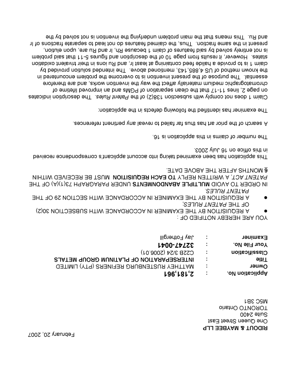 Canadian Patent Document 2181961. Prosecution-Amendment 20070220. Image 1 of 3