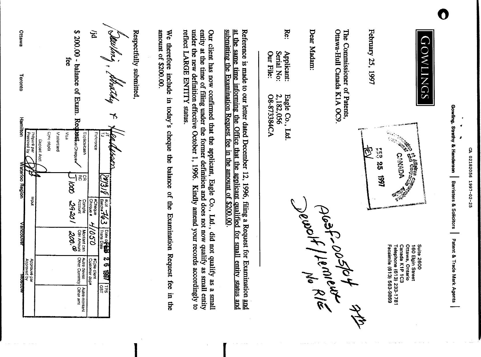 Canadian Patent Document 2182056. Prosecution-Amendment 19970225. Image 1 of 1