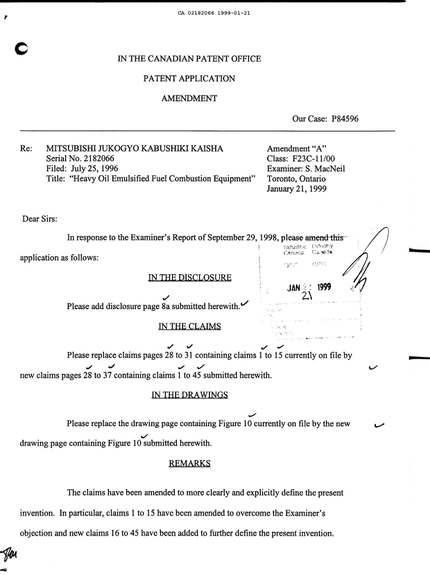 Canadian Patent Document 2182066. Prosecution-Amendment 19990121. Image 1 of 4