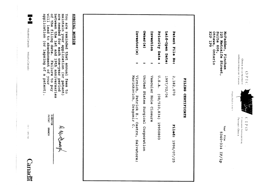 Document de brevet canadien 2182070. Cession 19960725. Image 10 de 10