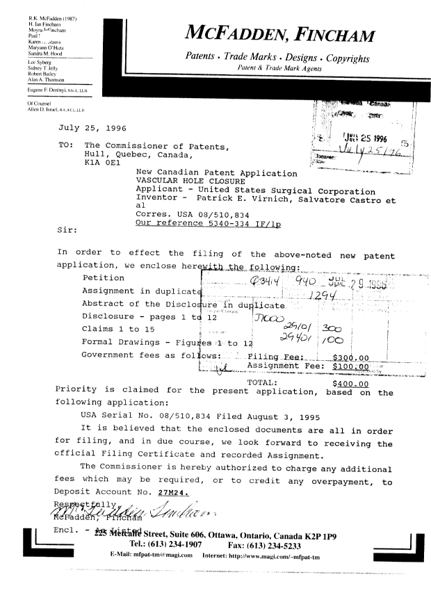 Canadian Patent Document 2182070. Assignment 19960725. Image 1 of 10