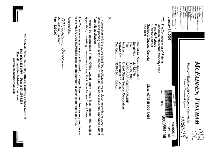 Canadian Patent Document 2182070. Correspondence 20060111. Image 1 of 1