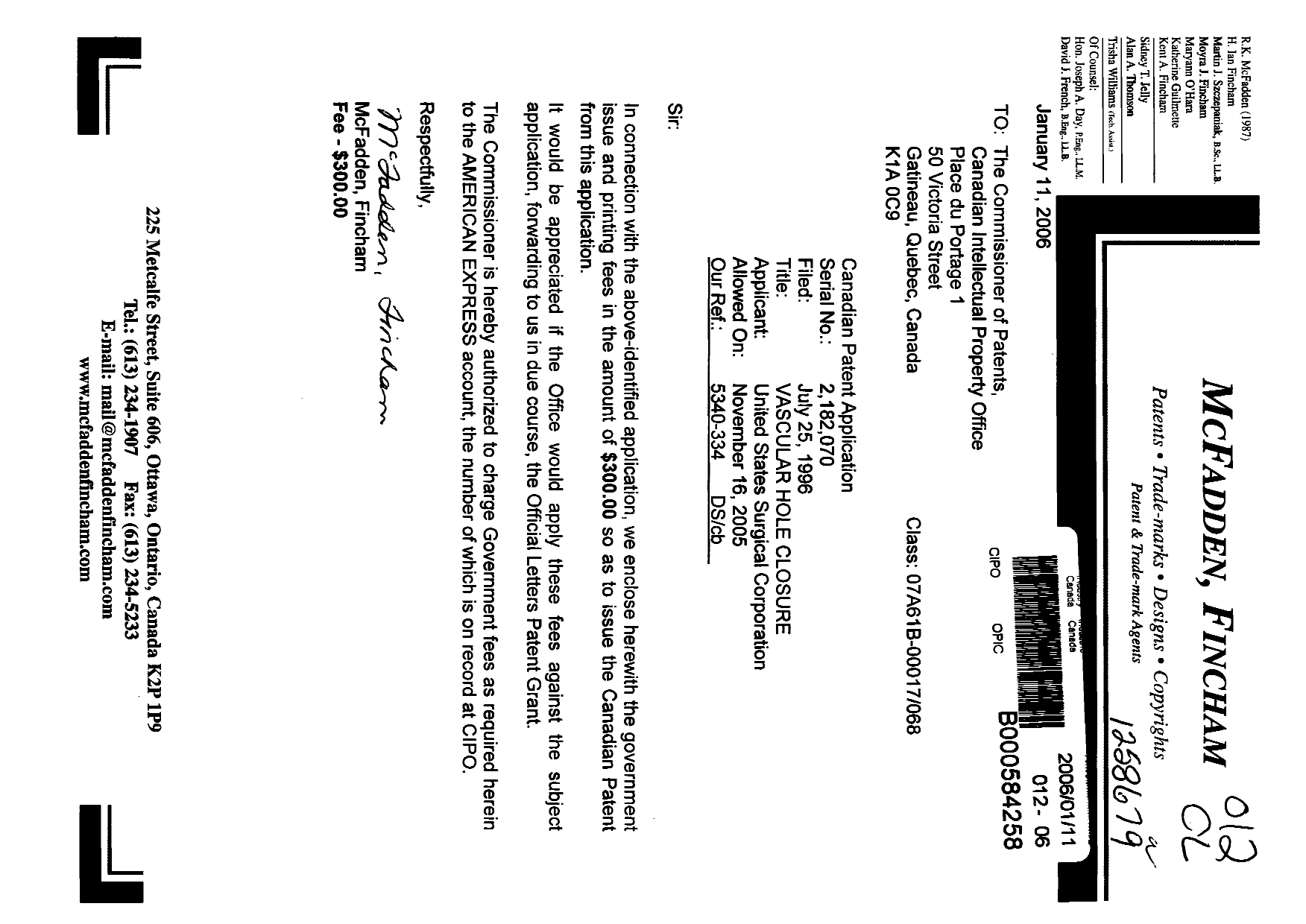 Document de brevet canadien 2182070. Correspondance 20060111. Image 1 de 1
