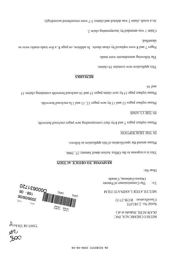 Canadian Patent Document 2182072. Prosecution-Amendment 20060606. Image 1 of 12