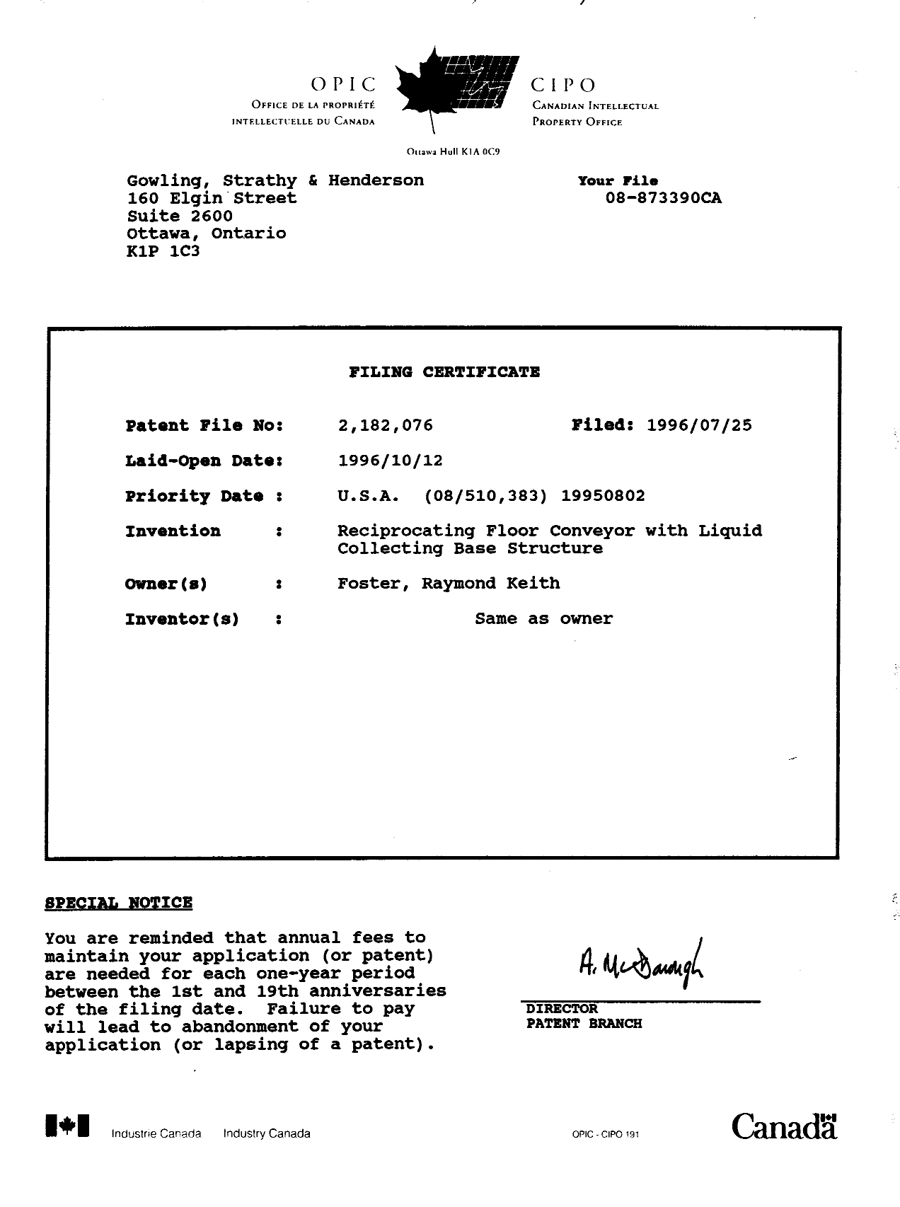 Canadian Patent Document 2182076. Assignment 19960725. Image 4 of 4
