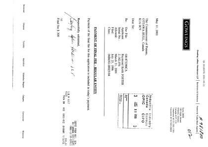 Canadian Patent Document 2182076. Correspondence 20010511. Image 1 of 1