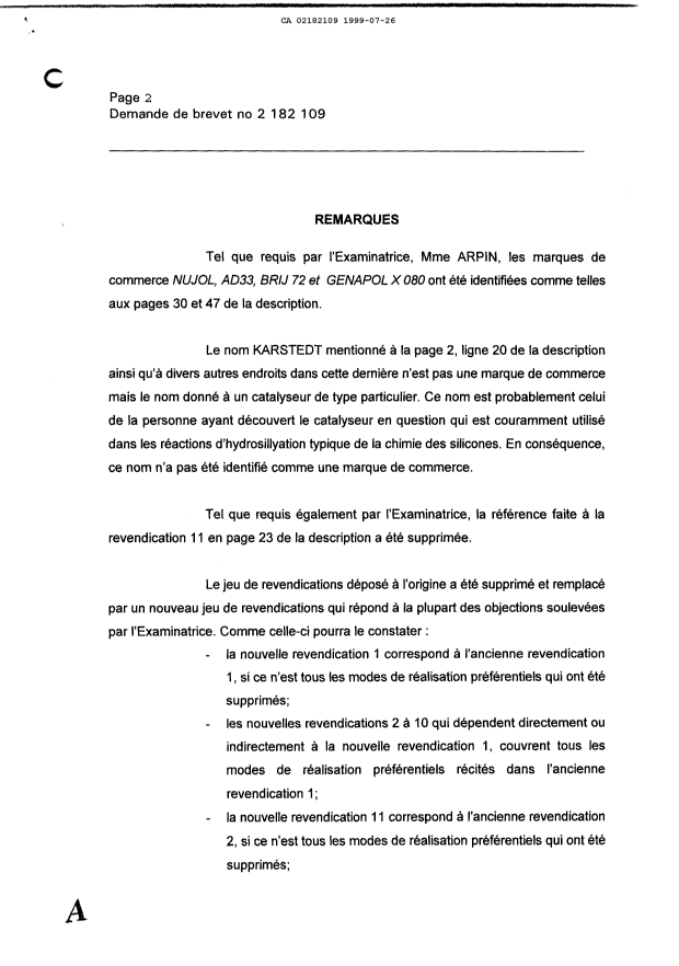 Document de brevet canadien 2182109. Poursuite-Amendment 19990726. Image 2 de 9