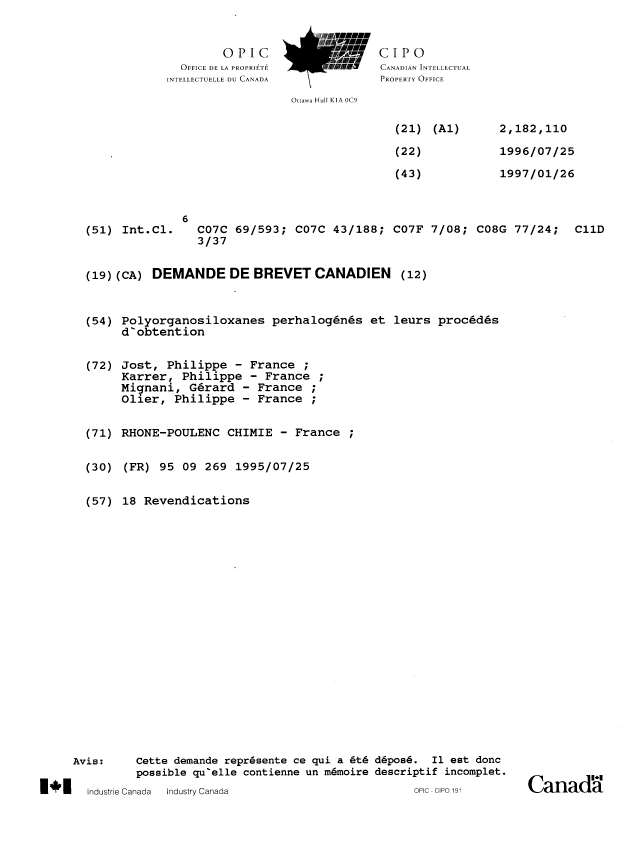 Document de brevet canadien 2182110. Page couverture 19961101. Image 1 de 1