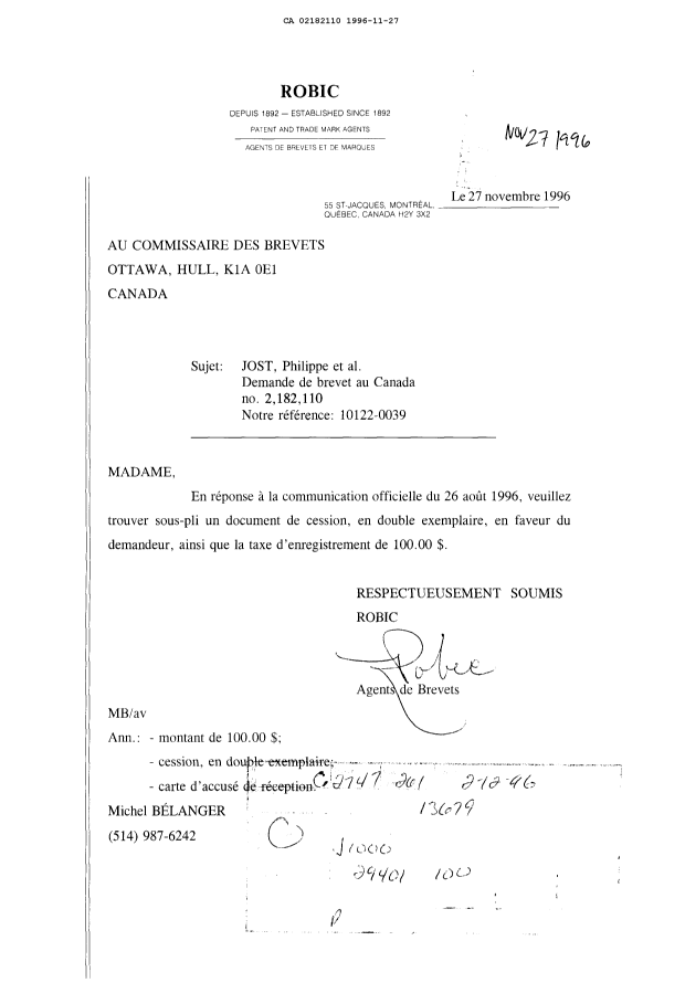 Document de brevet canadien 2182110. Cession 19961127. Image 1 de 2
