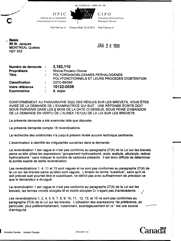 Canadian Patent Document 2182110. Prosecution-Amendment 19990126. Image 1 of 2