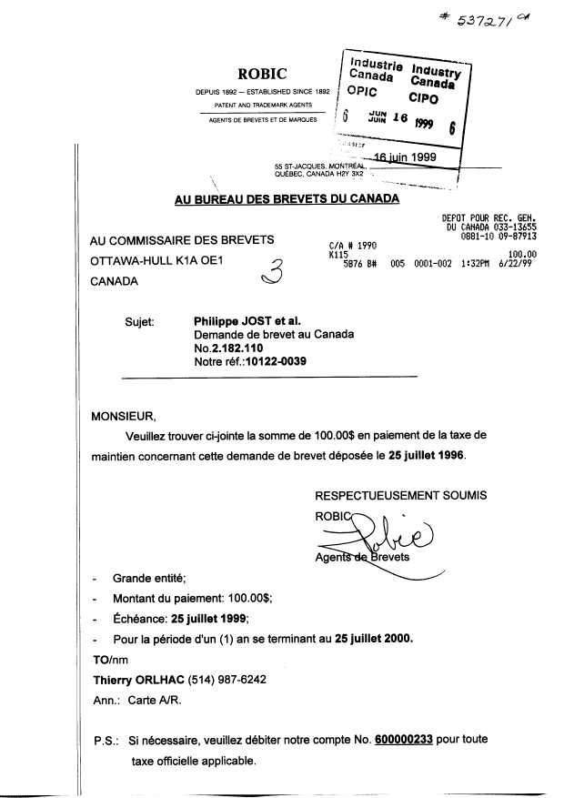 Document de brevet canadien 2182110. Taxes 19990616. Image 1 de 1