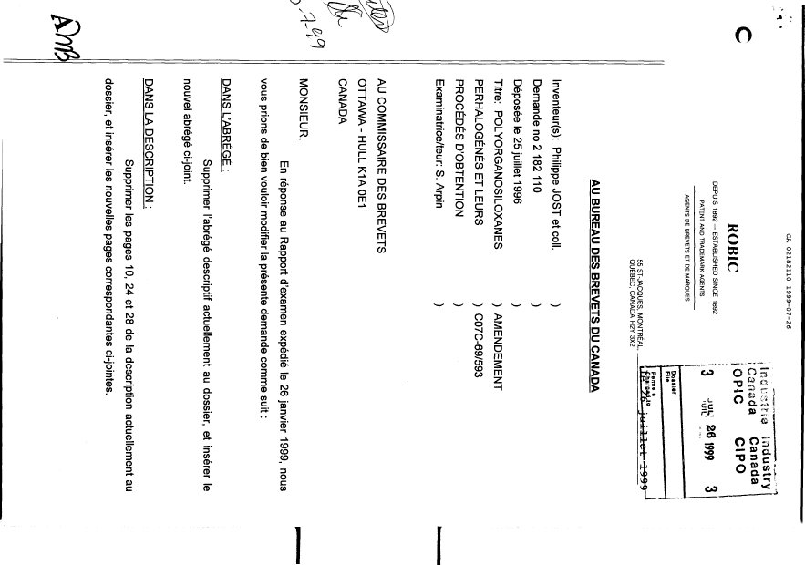 Canadian Patent Document 2182110. Prosecution-Amendment 19990726. Image 1 of 9