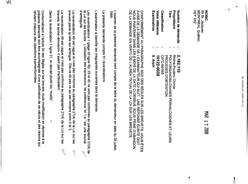 Canadian Patent Document 2182110. Prosecution-Amendment 20000317. Image 1 of 2