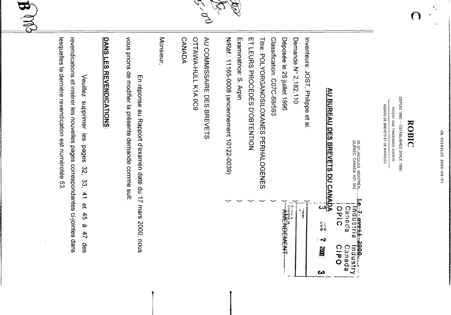 Canadian Patent Document 2182110. Prosecution-Amendment 20000407. Image 1 of 3