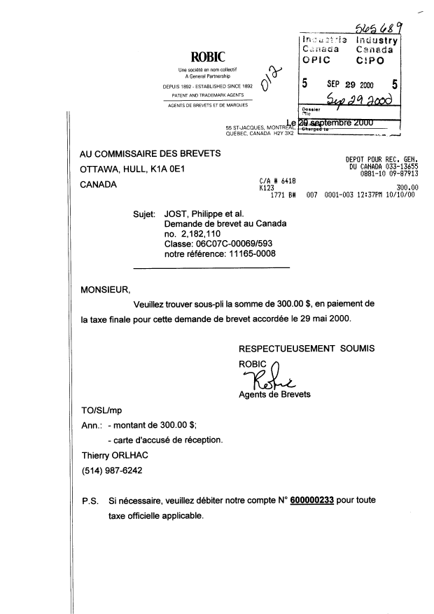 Document de brevet canadien 2182110. Correspondance 20000929. Image 1 de 1