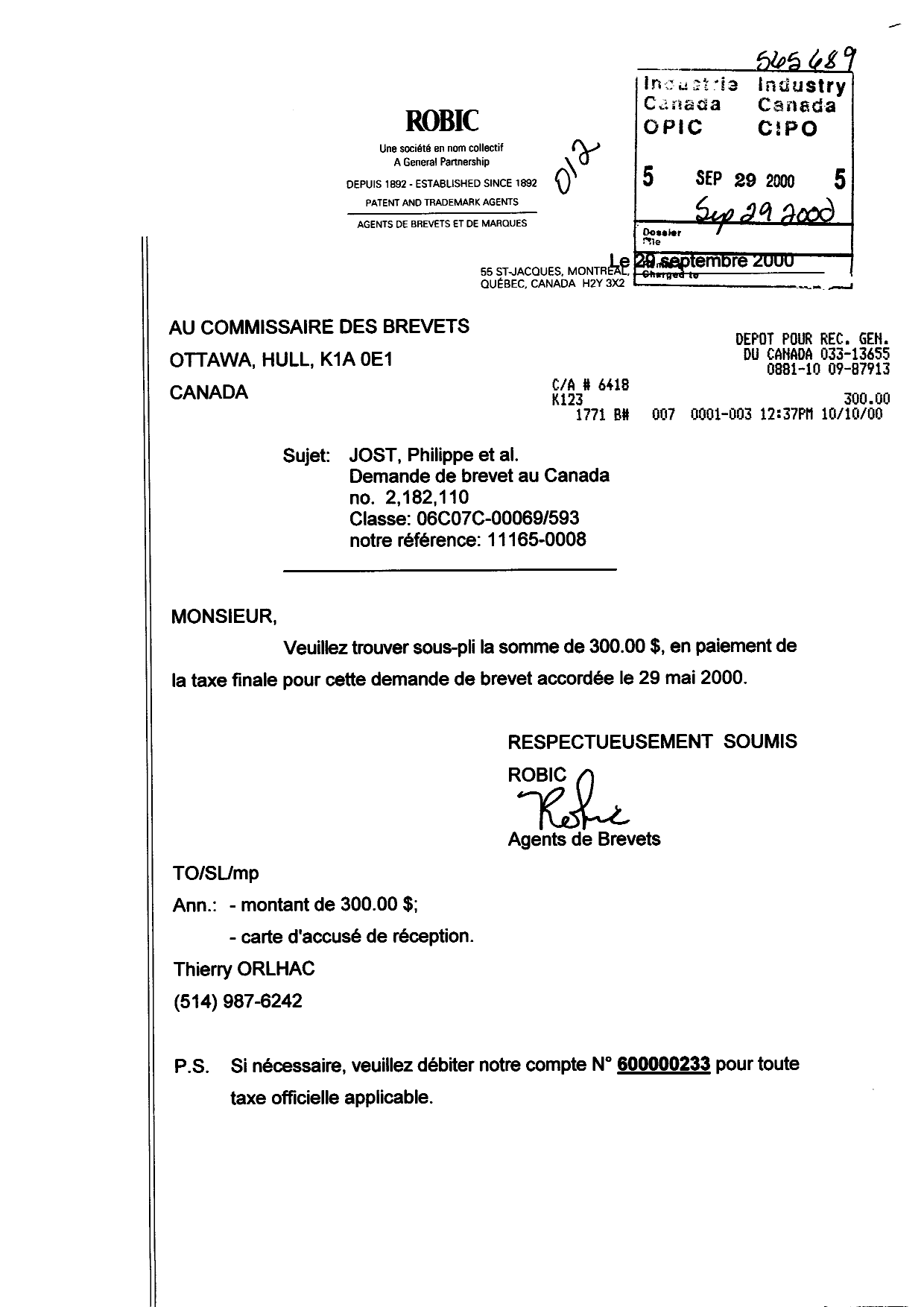Canadian Patent Document 2182110. Correspondence 20000929. Image 1 of 1