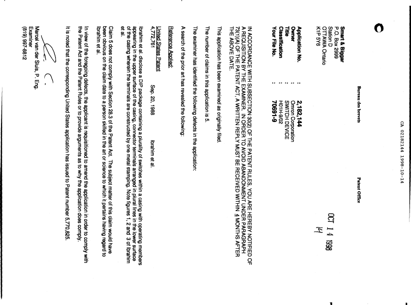 Document de brevet canadien 2182144. Poursuite-Amendment 19981014. Image 1 de 1