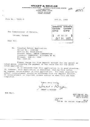 Document de brevet canadien 2182144. Correspondance 19991021. Image 1 de 1
