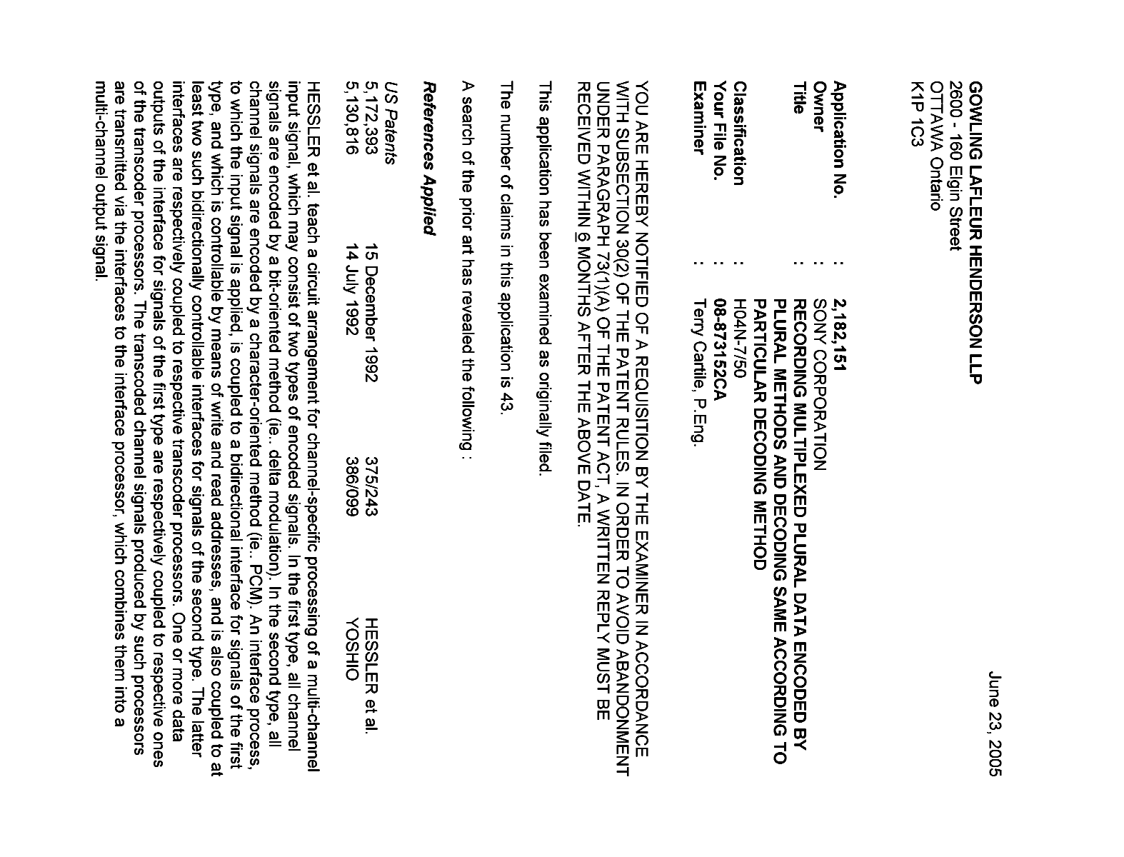 Canadian Patent Document 2182151. Prosecution-Amendment 20050623. Image 1 of 3