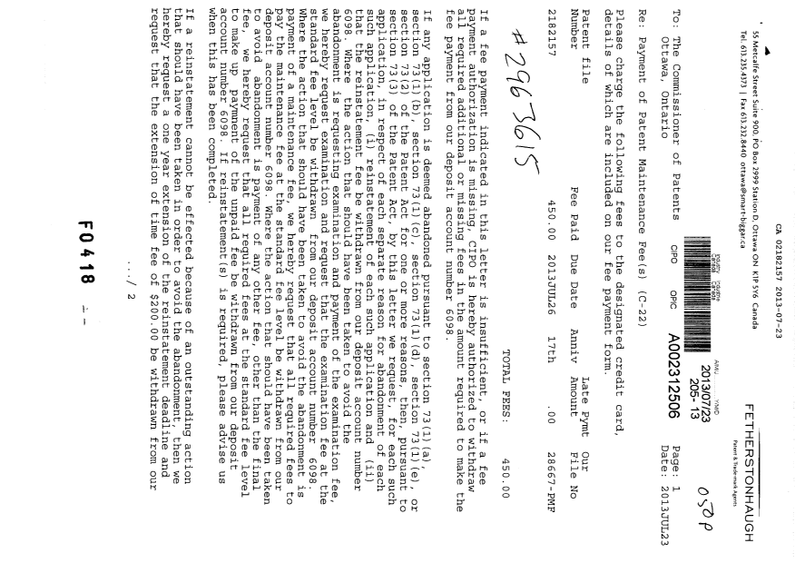 Document de brevet canadien 2182157. Taxes 20130723. Image 1 de 2