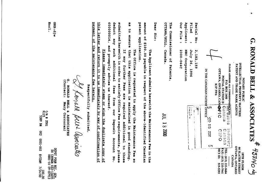 Document de brevet canadien 2182159. Taxes 20000718. Image 1 de 1