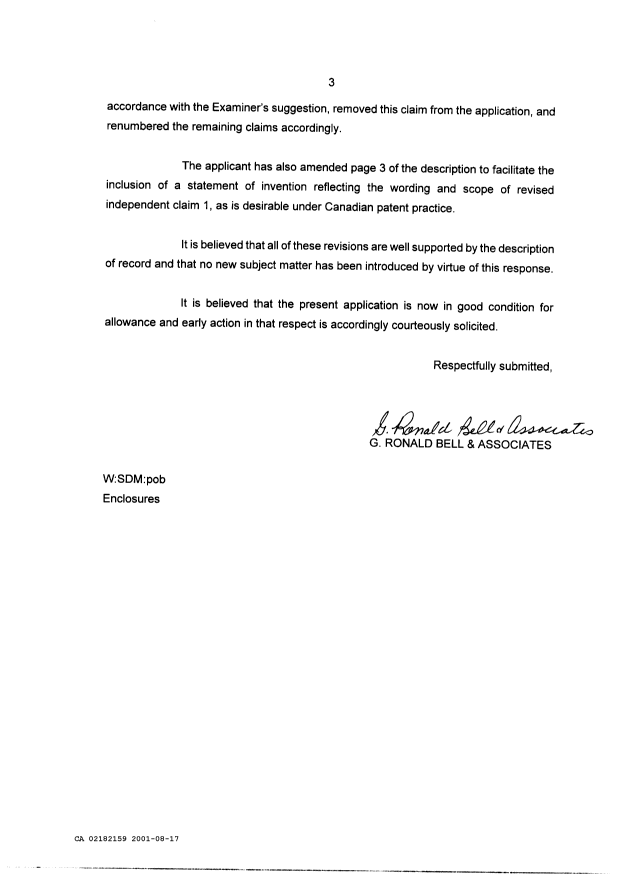 Document de brevet canadien 2182159. Poursuite-Amendment 20010817. Image 3 de 7