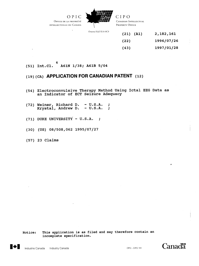 Canadian Patent Document 2182161. Cover Page 19960726. Image 1 of 1