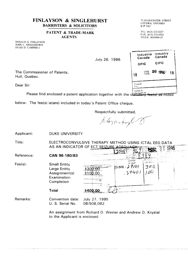 Document de brevet canadien 2182161. Cession 19960726. Image 1 de 7