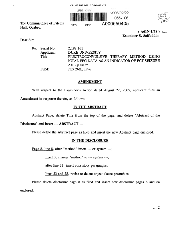 Canadian Patent Document 2182161. Prosecution-Amendment 20060222. Image 1 of 10