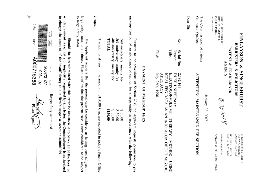 Canadian Patent Document 2182161. Prosecution-Amendment 20070122. Image 1 of 1