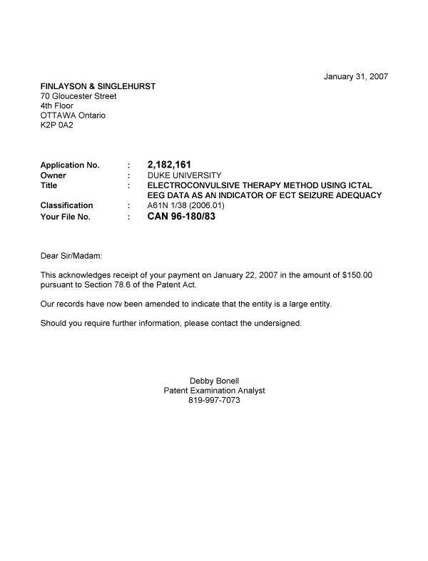 Document de brevet canadien 2182161. Correspondance 20070131. Image 1 de 1