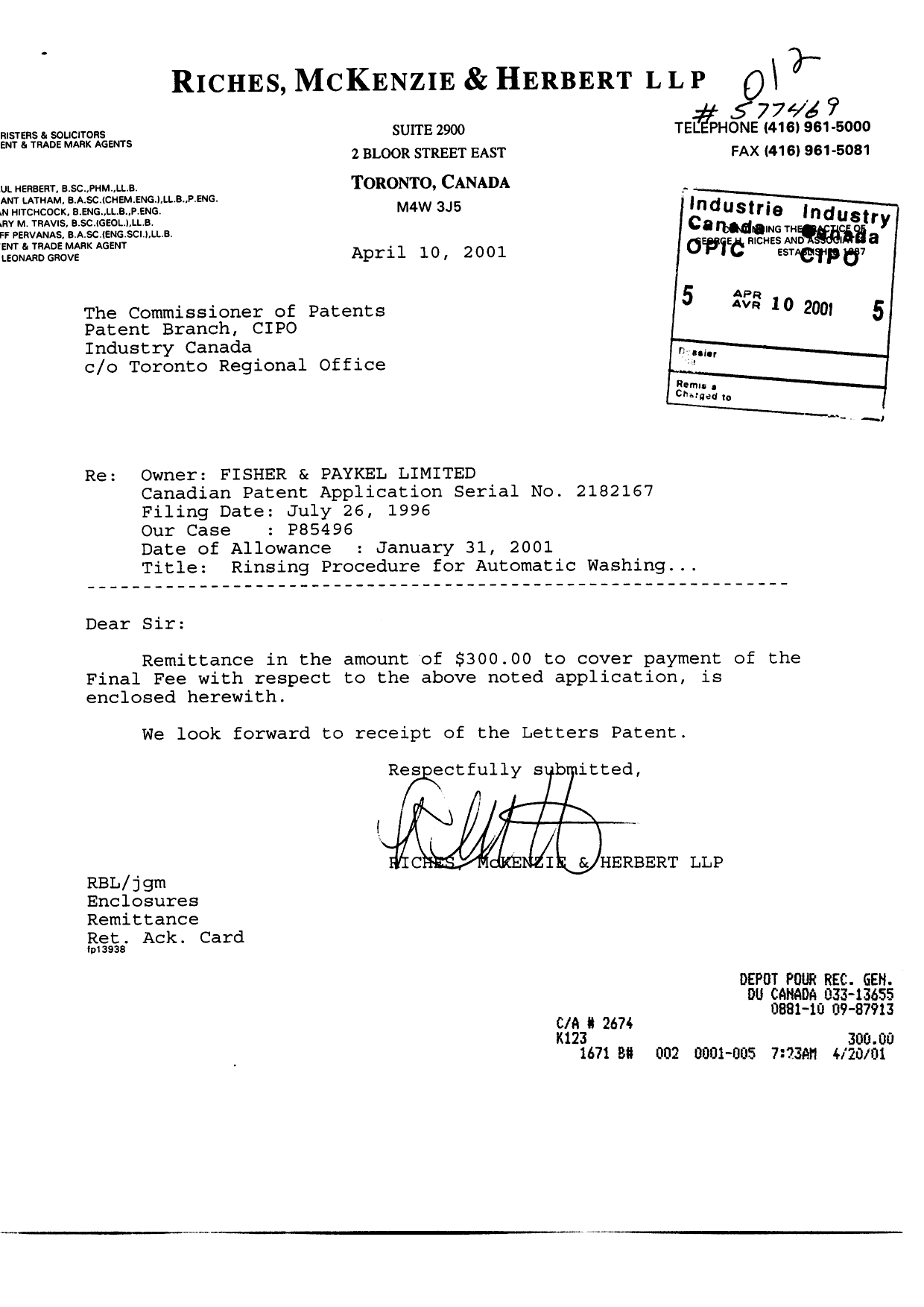 Canadian Patent Document 2182167. Correspondence 20010410. Image 1 of 1