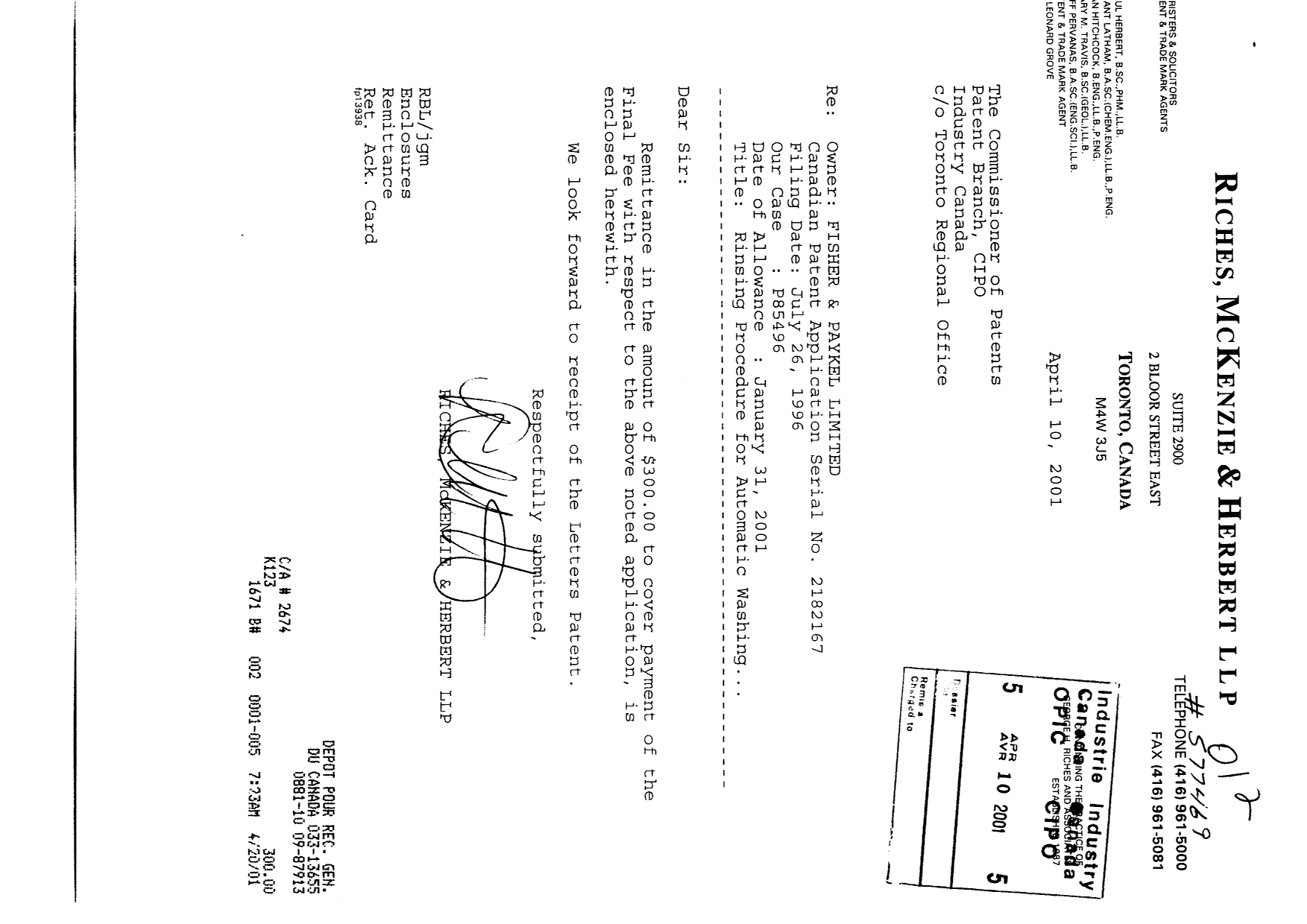 Canadian Patent Document 2182167. Correspondence 20010410. Image 1 of 1