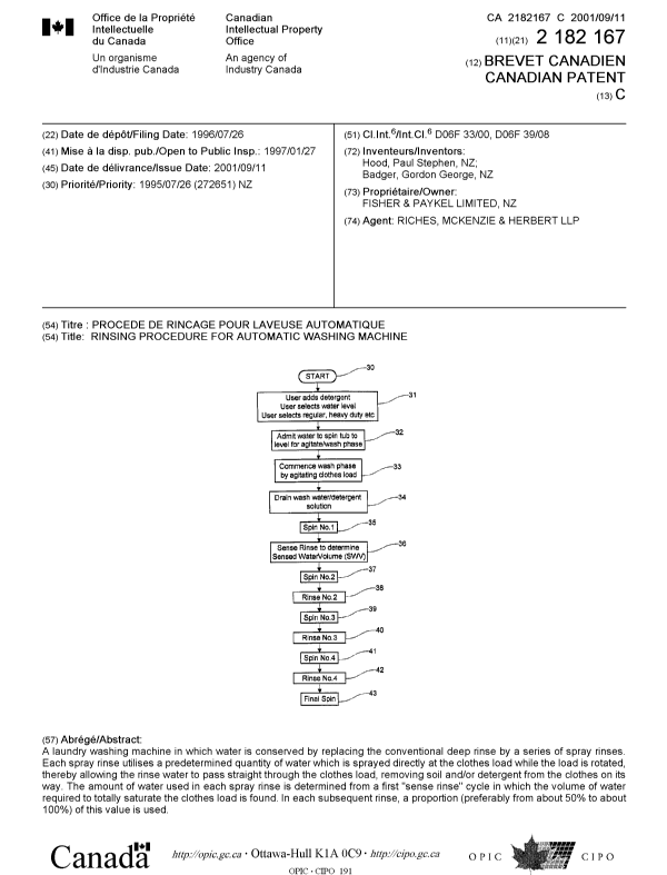 Document de brevet canadien 2182167. Page couverture 20010824. Image 1 de 1