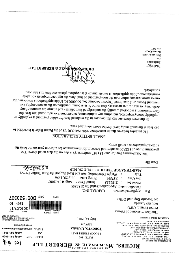 Canadian Patent Document 2182255. Fees 20100714. Image 1 of 1