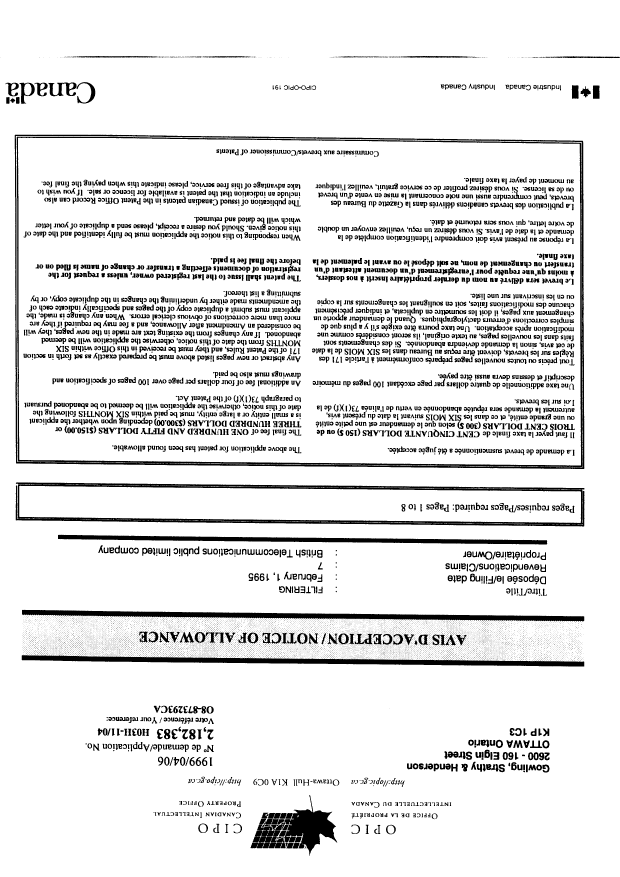 Document de brevet canadien 2182383. Correspondance 19990406. Image 1 de 1
